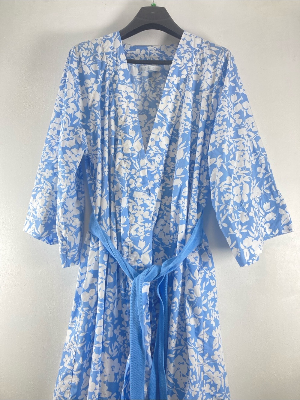 LAKE Pijama Pima Cotton Robe Women’s Size XL White Blue Floral Tie Lounge Pocket - Picture 15 of 16